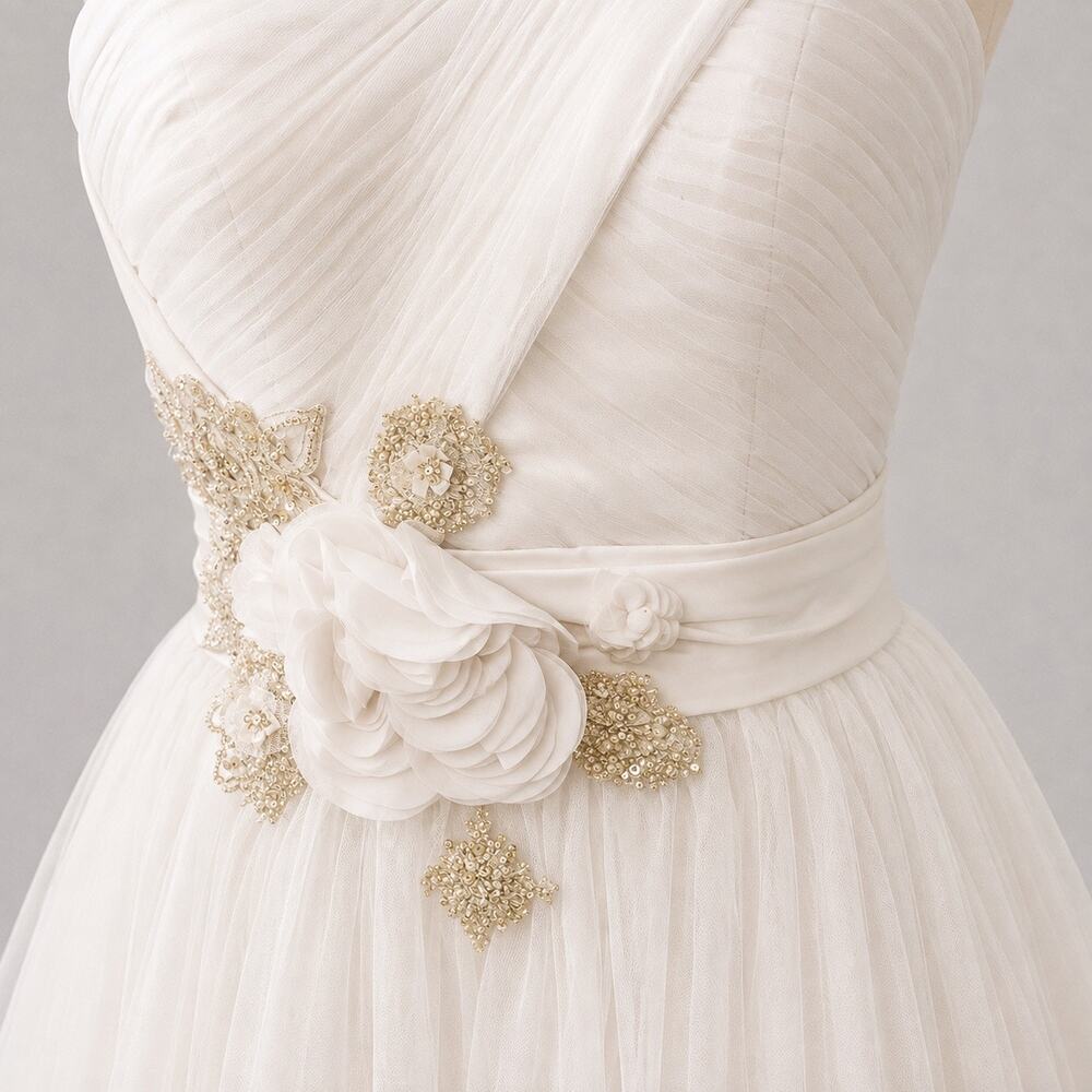 Ballgown Strapless Fall Wedding Dress with floral beaded sash waistline | Size - Picture 3 of 7